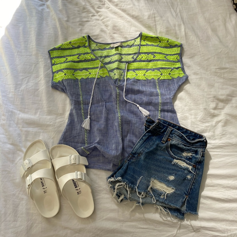 J. Crew Chambray & Neon Embroidered Top